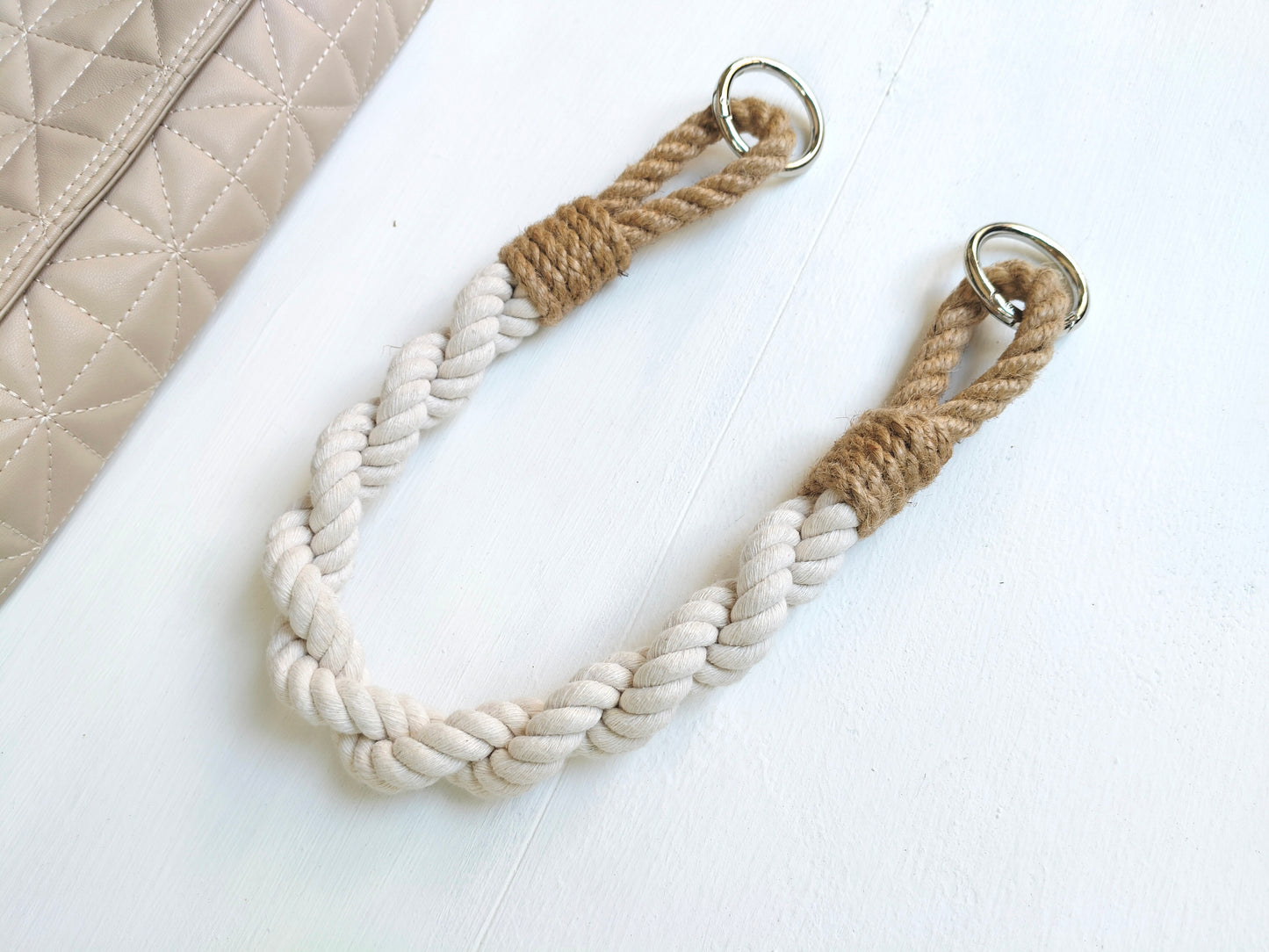 White Cotton & Jute Rope Bag Handle - Two-Tone with Metal Rings