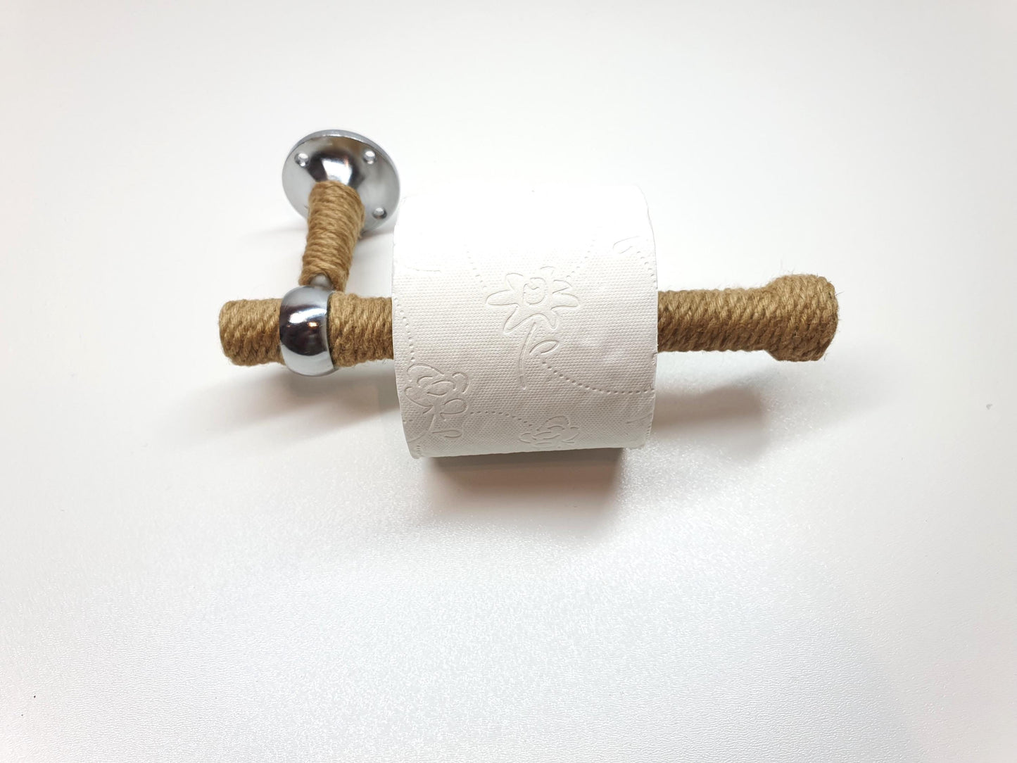 Handmade Jute Rope Toilet Paper Holder - Rustic Wood & Chrome Wall Mount