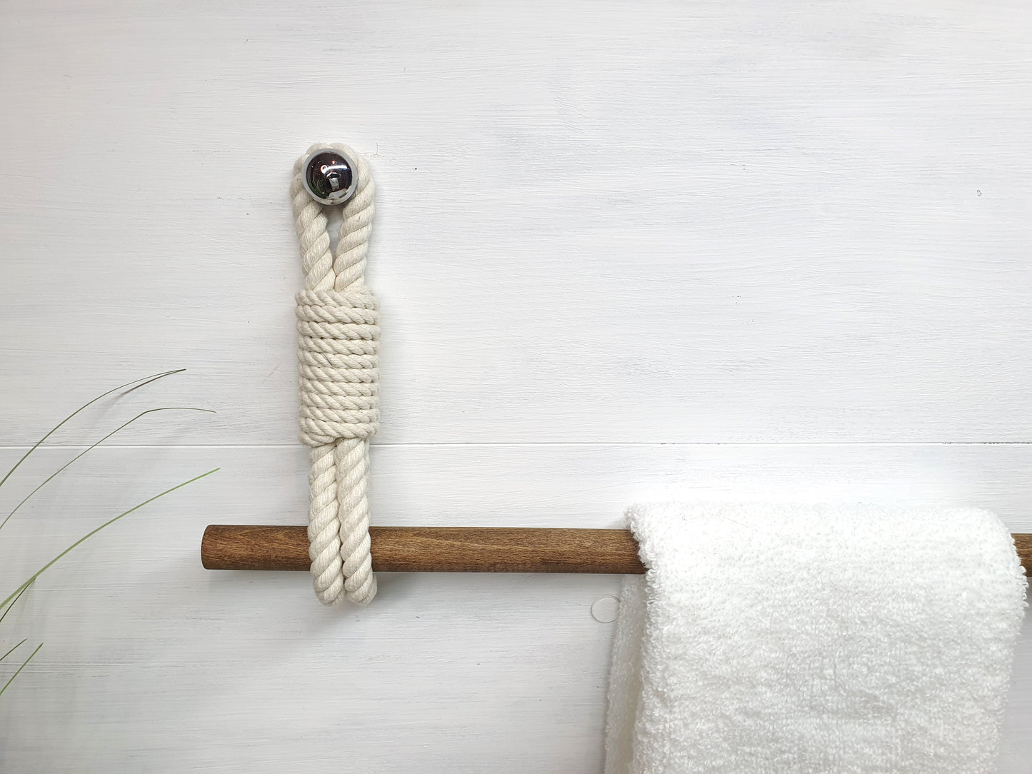 Handmade Cotton Rope Towel Holder - Wood Rod Double Hook Wall Mount