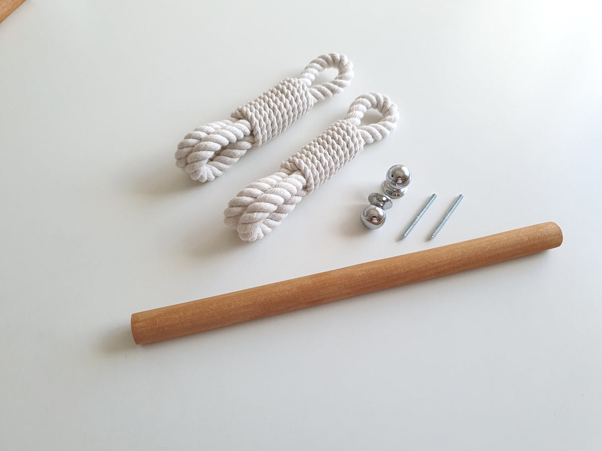 Handmade Cotton Rope Towel Holder, Wooden Rod, Chrome Hooks, Farmhouse Scandinavian Decor