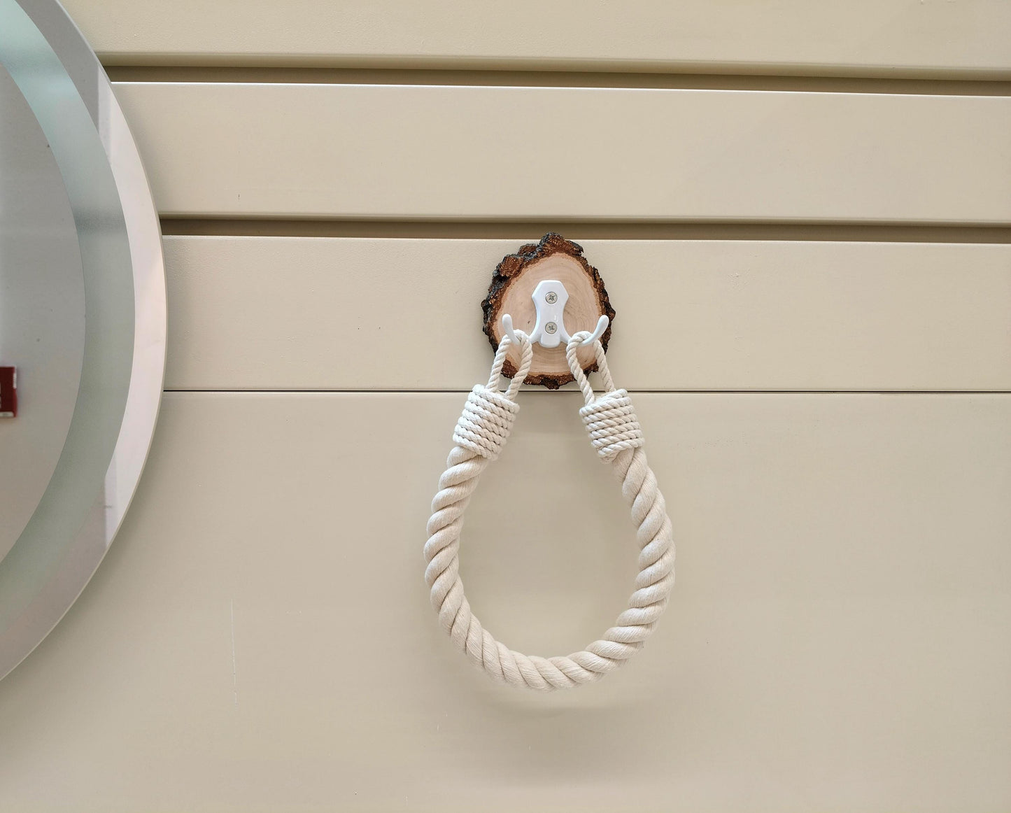 Handmade Rope Towel Holder - Wood Slice Accent Boho Bathroom Decor