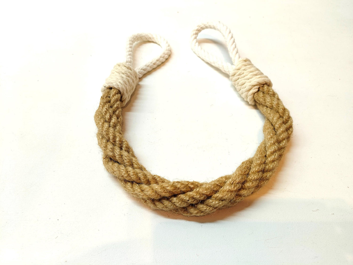 Handmade Jute Rope Door Stopper - White Loops Nautical Weighted Doorstop