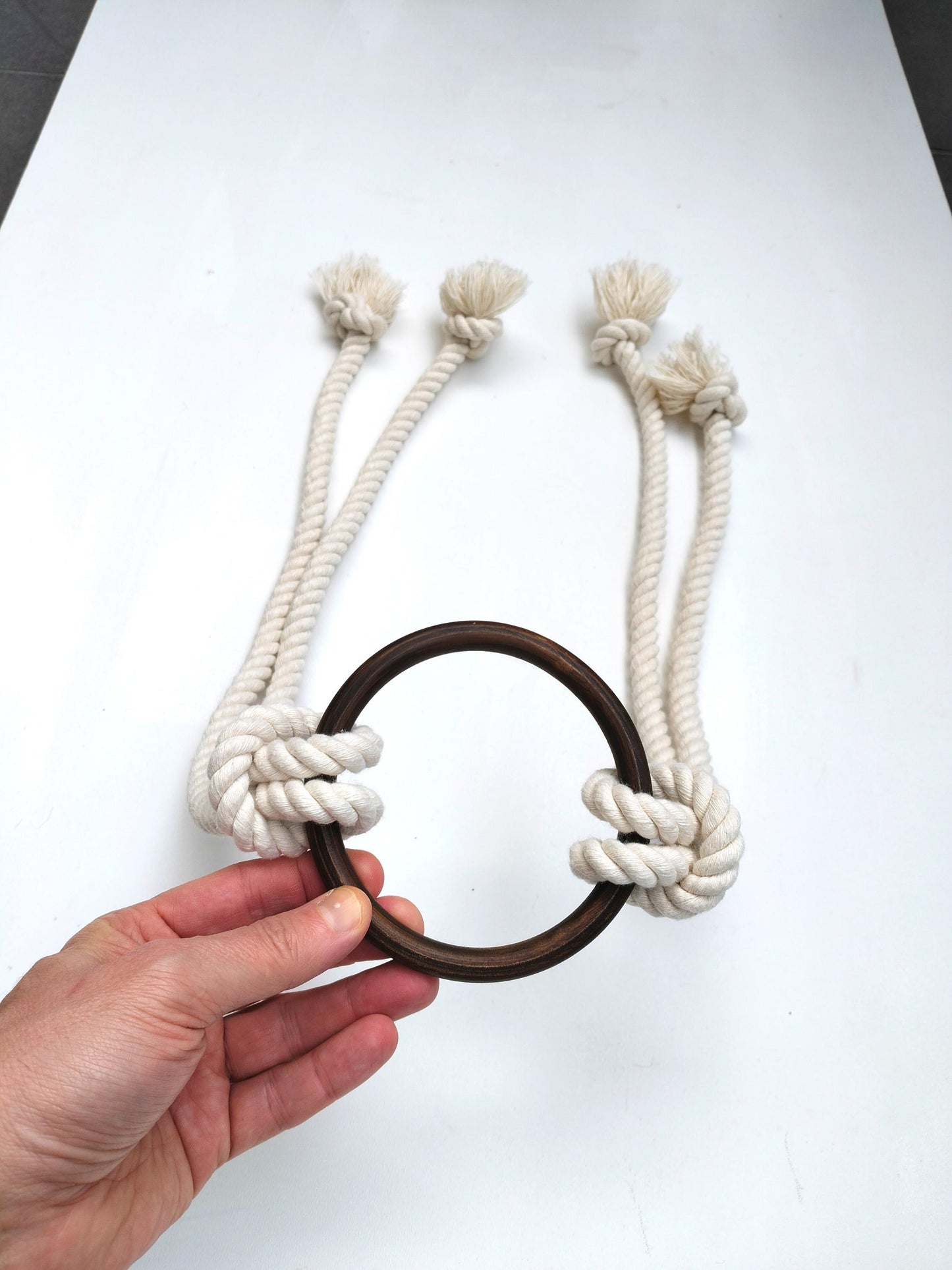 White Cotton Rope Curtain Tieback - Dark Wooden Ring Boho Holdback