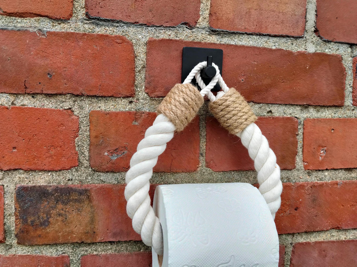 Handmade White Rope Toilet Paper Holder - Boho Jute Accent No-Drill