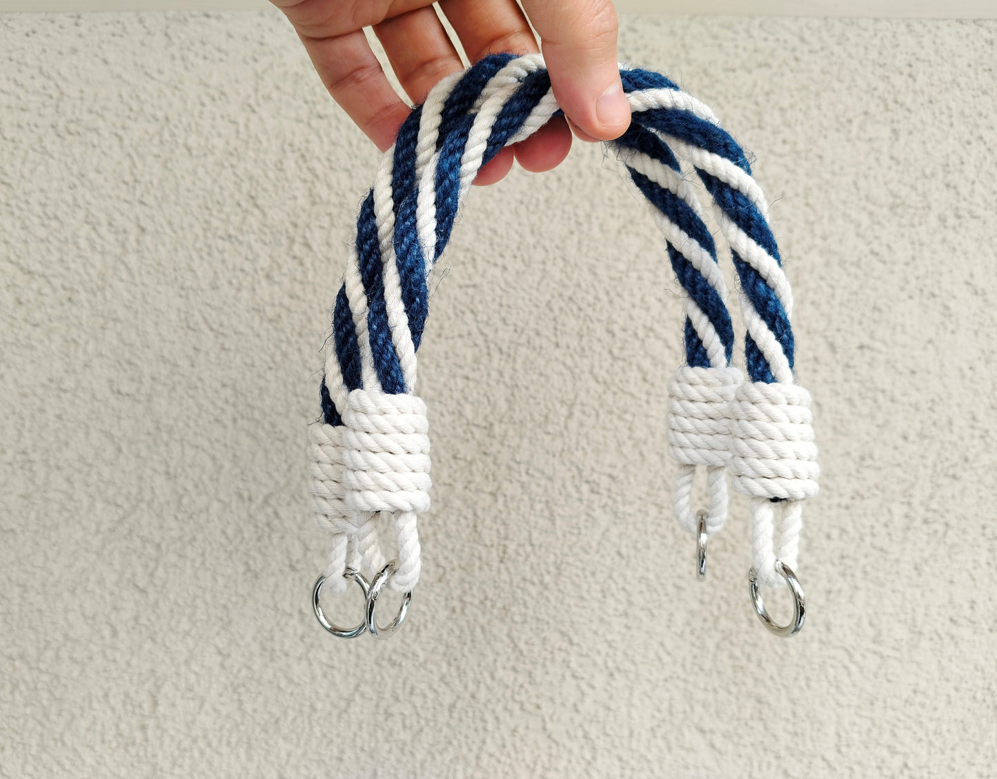 Navy & White Rope Bag Handles - Twisted Cotton Jute with Metal Rings