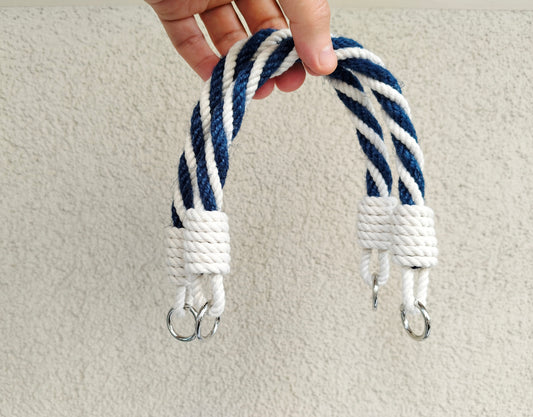 Navy & White Rope Bag Handles - Twisted Cotton Jute with Metal Rings