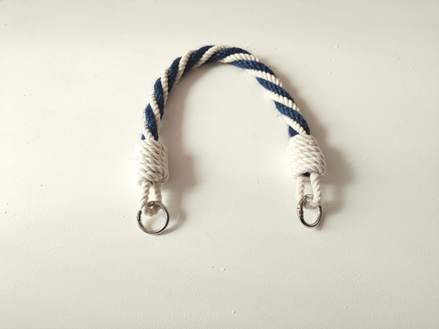 Navy & White Rope Bag Handles - Twisted Cotton Jute with Metal Rings