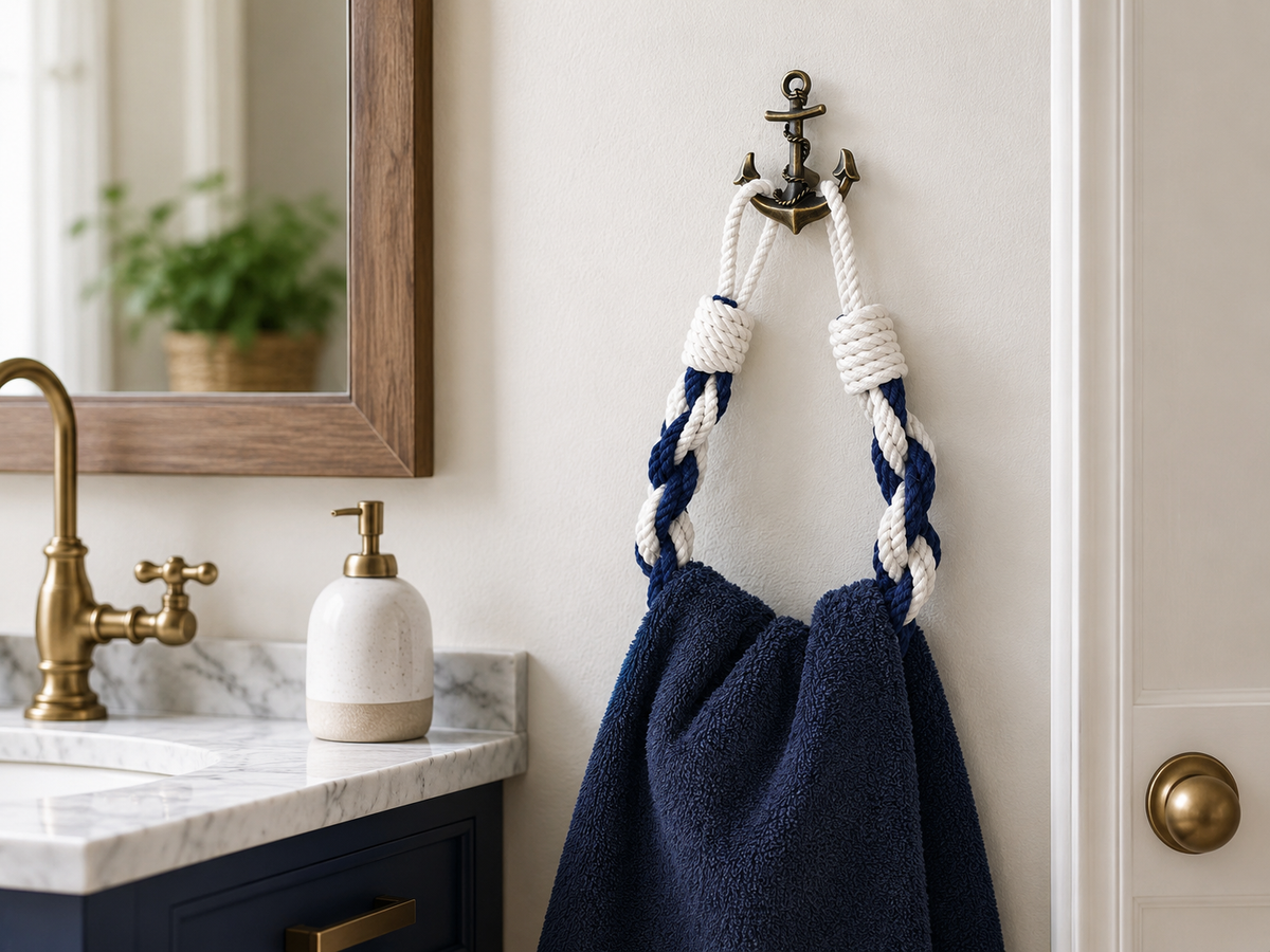 Nautical Towel Holder | Brass Anchor Hook, White Blue Rope, Coastal Bathroom Decor