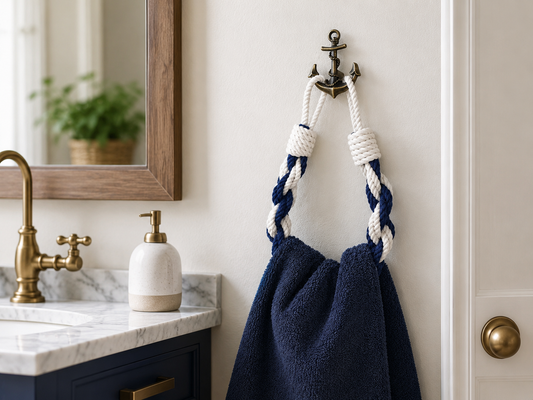 Nautical Towel Holder | Brass Anchor Hook, White Blue Rope, Coastal Bathroom Decor