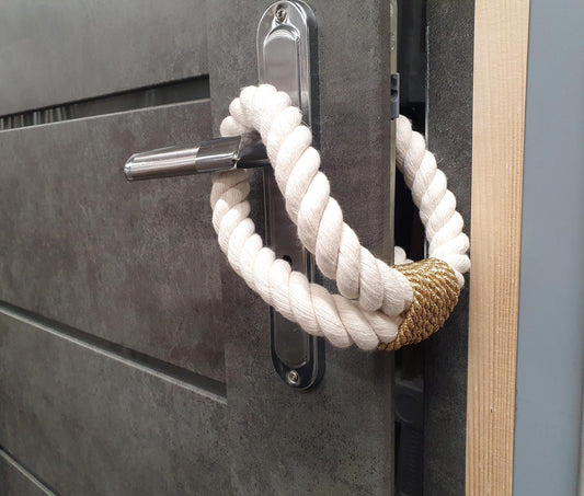 White Cotton Rope Door Stop with Gold Accent