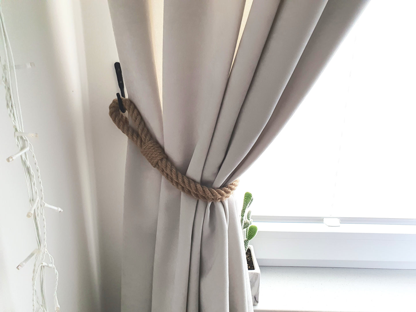 Handmade Braided Jute Curtain Tieback - Black Metal Hooks