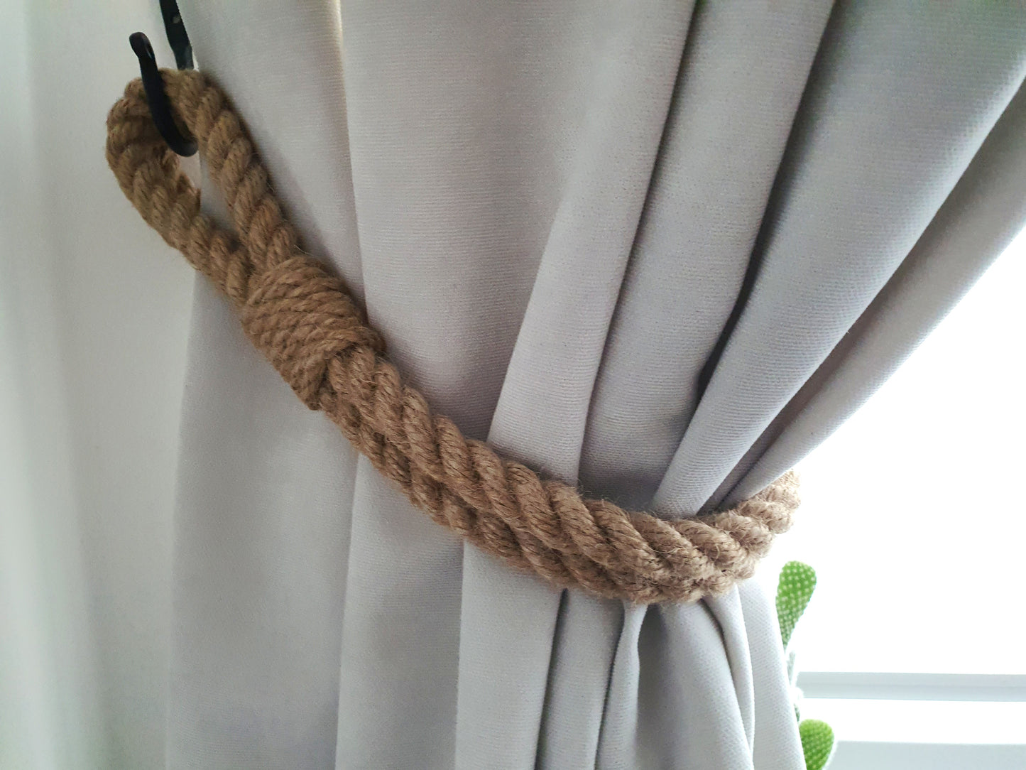 Handmade Braided Jute Curtain Tieback - Black Metal Hooks