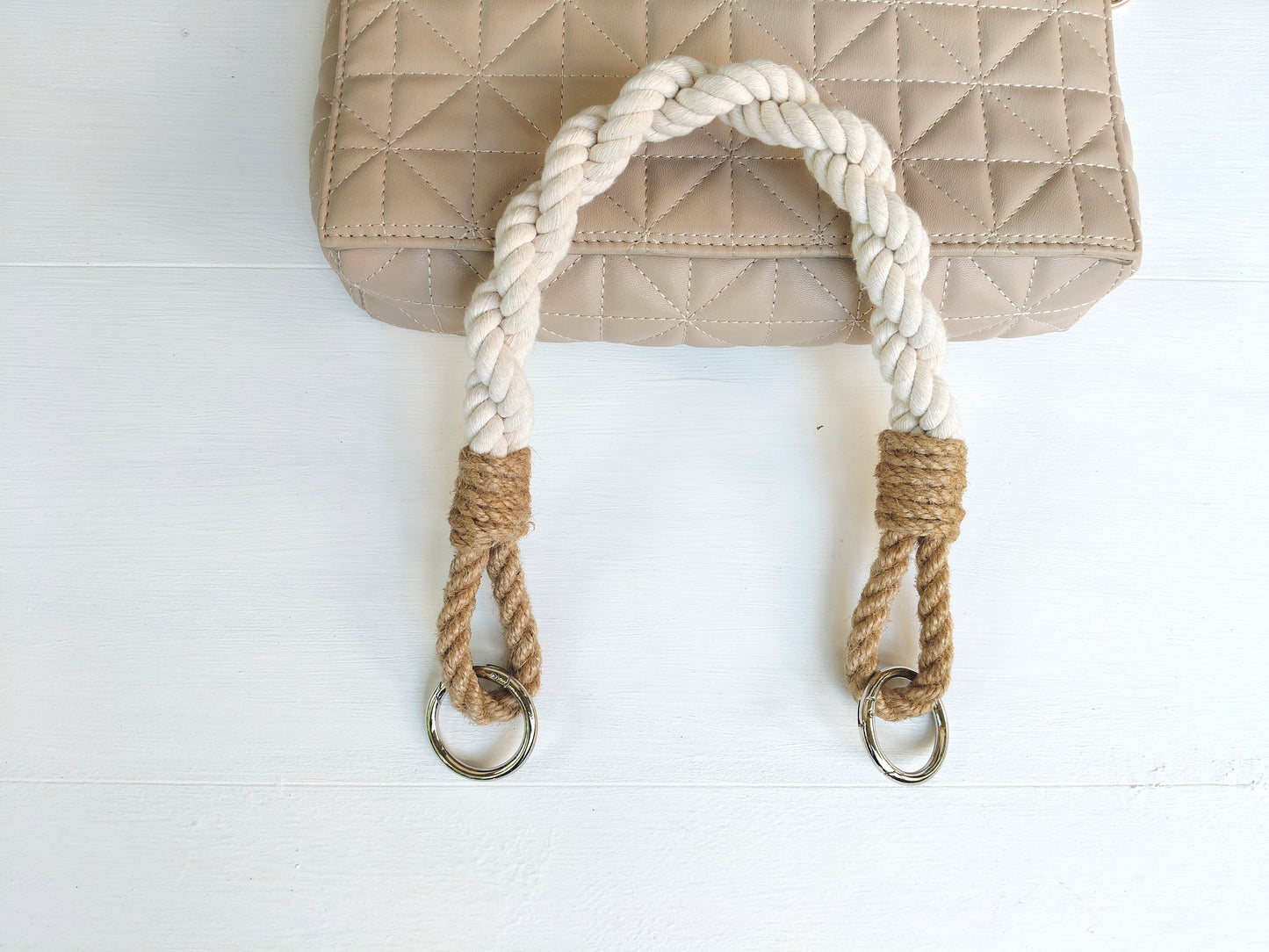 White Cotton & Jute Rope Bag Handle - Two-Tone with Metal Rings