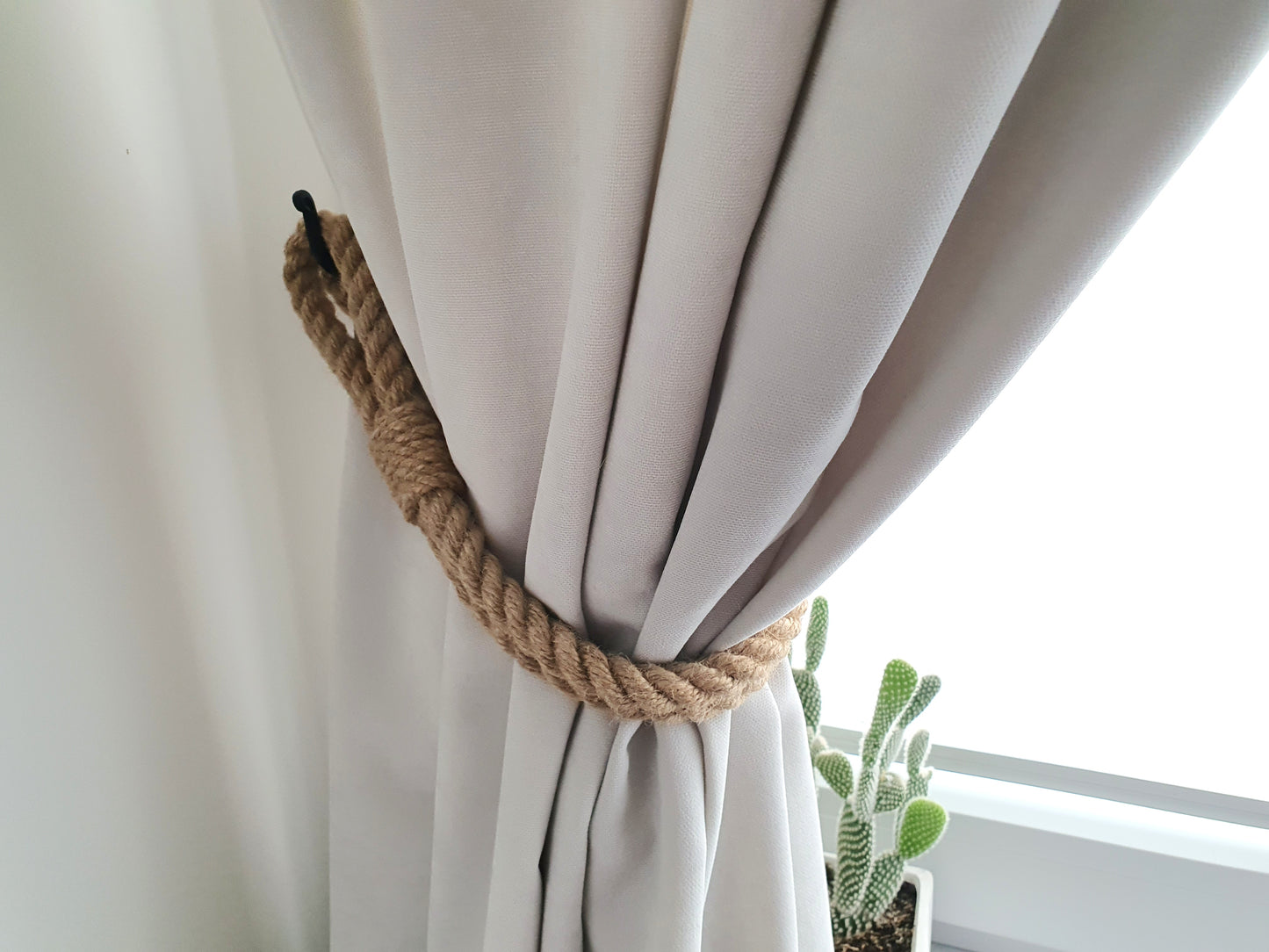 Handmade Braided Jute Curtain Tieback - Black Metal Hooks