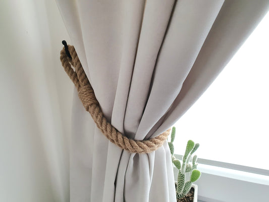 Handmade Braided Jute Curtain Tieback - Black Metal Hooks