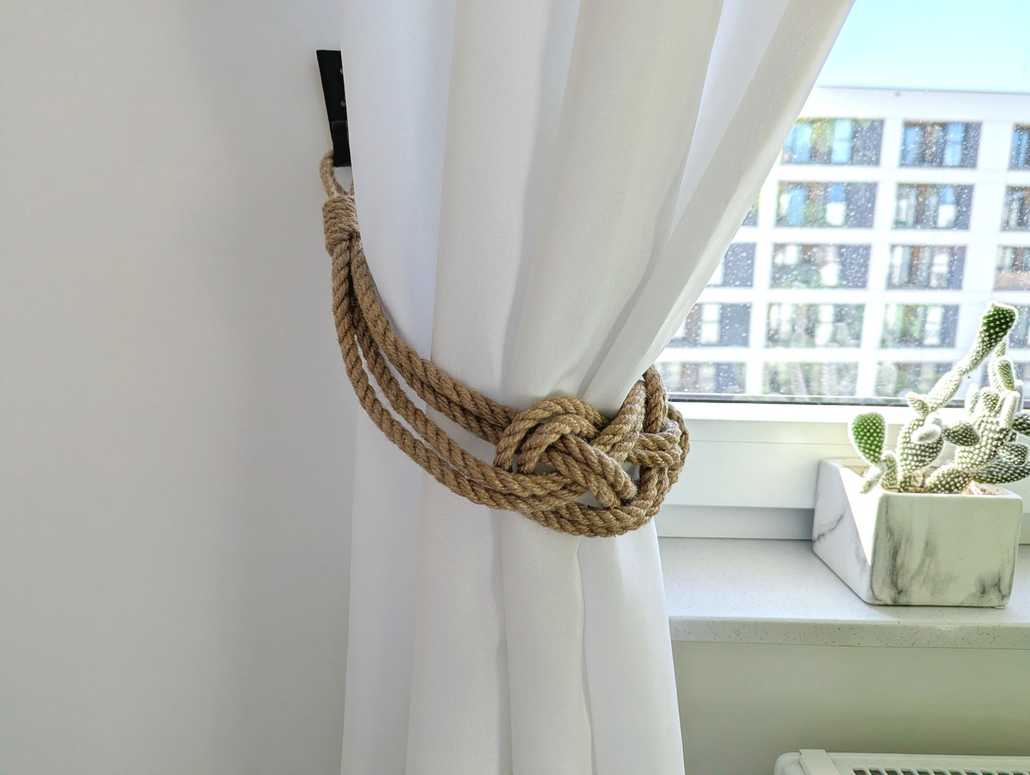 Double Jute Rope Curtain Tieback - Nautical Knot Holdback Rustic Coastal Decor