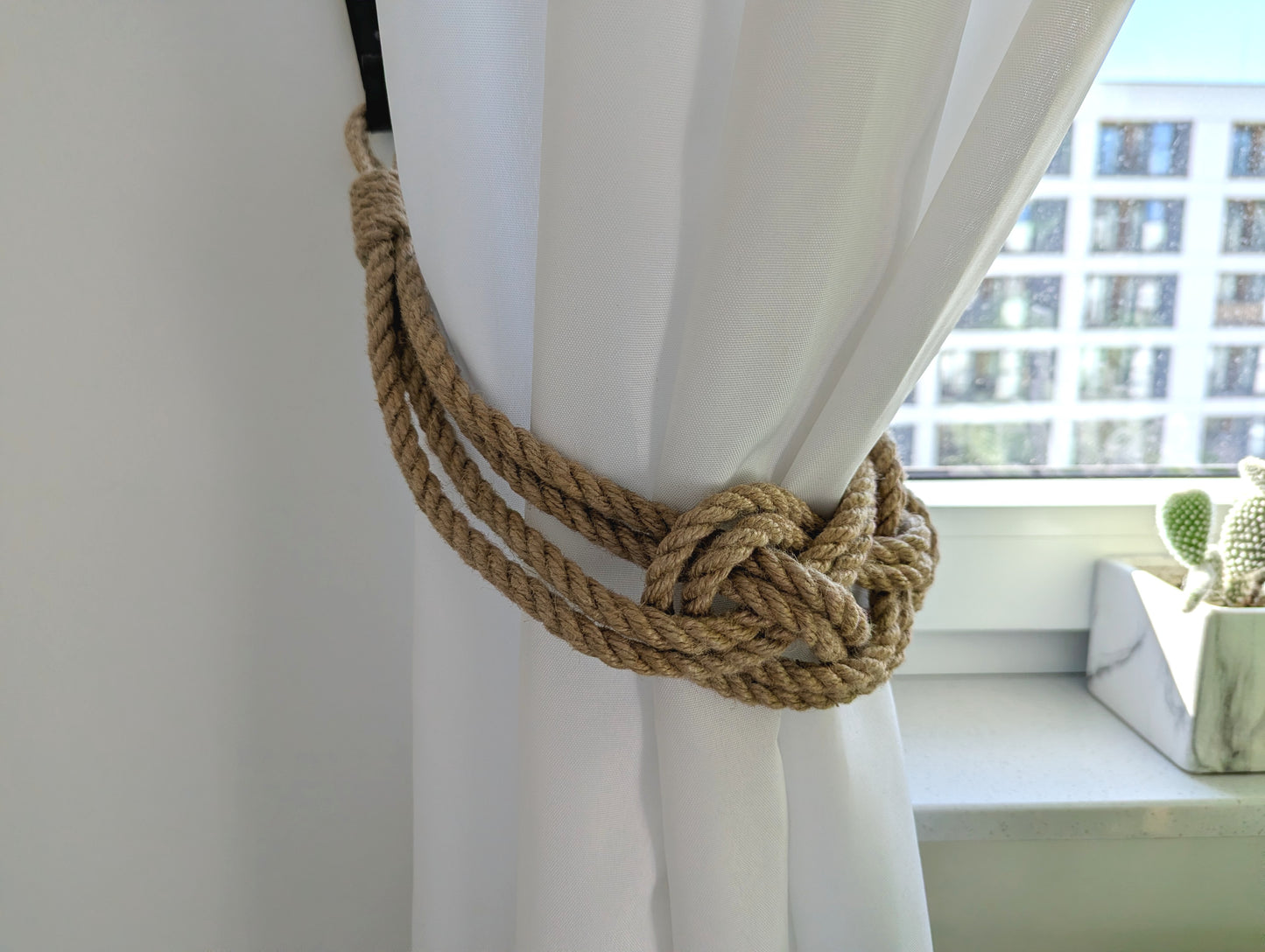 Double Jute Rope Curtain Tieback - Nautical Knot Holdback Rustic Coastal Decor