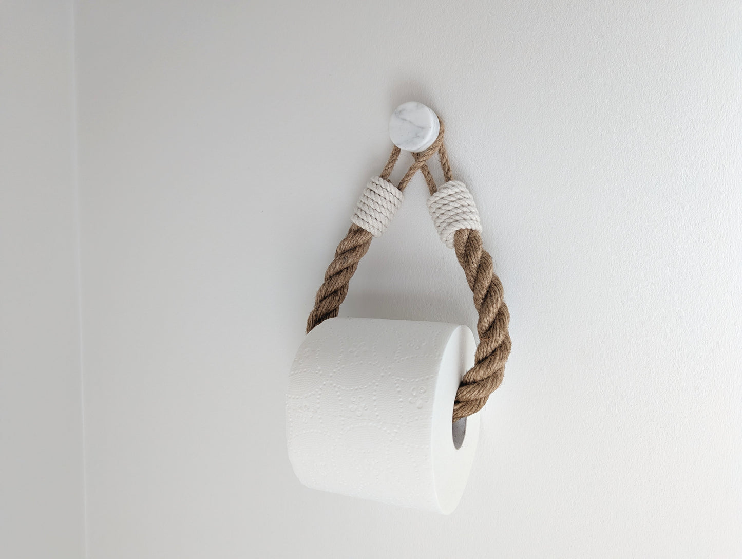 Jute Rope Toilet Paper Holder - White Cotton Wrap Wall Mounted Rustic Bathroom Decor
