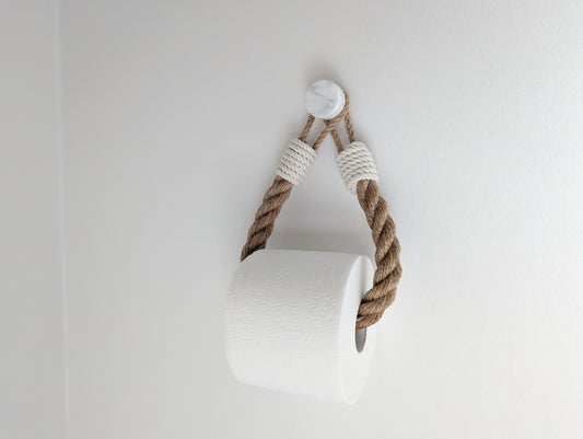 Jute Rope Toilet Paper Holder - White Cotton Wrap Wall Mounted Rustic Bathroom Decor