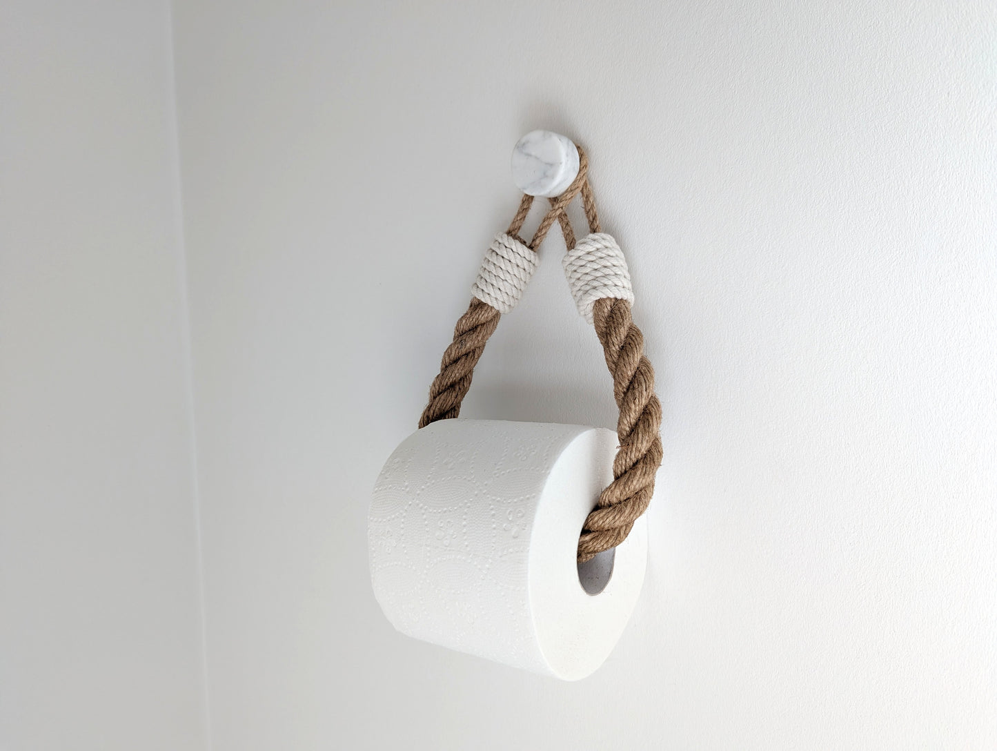 Jute Rope Toilet Paper Holder - White Cotton Wrap Wall Mounted Rustic Bathroom Decor