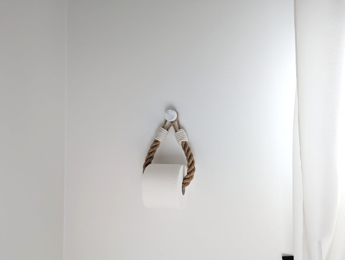 Jute Rope Toilet Paper Holder - White Cotton Wrap Wall Mounted Rustic Bathroom Decor