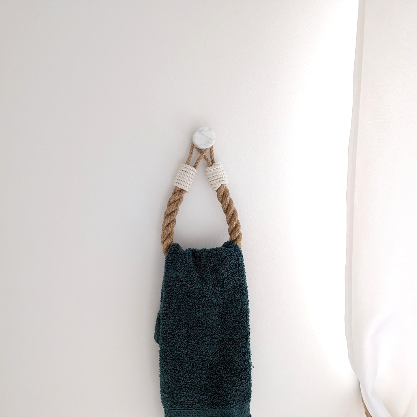 Jute Rope Towel Holder - White Cotton Wrap Wall Mounted Rustic Bathroom Decor