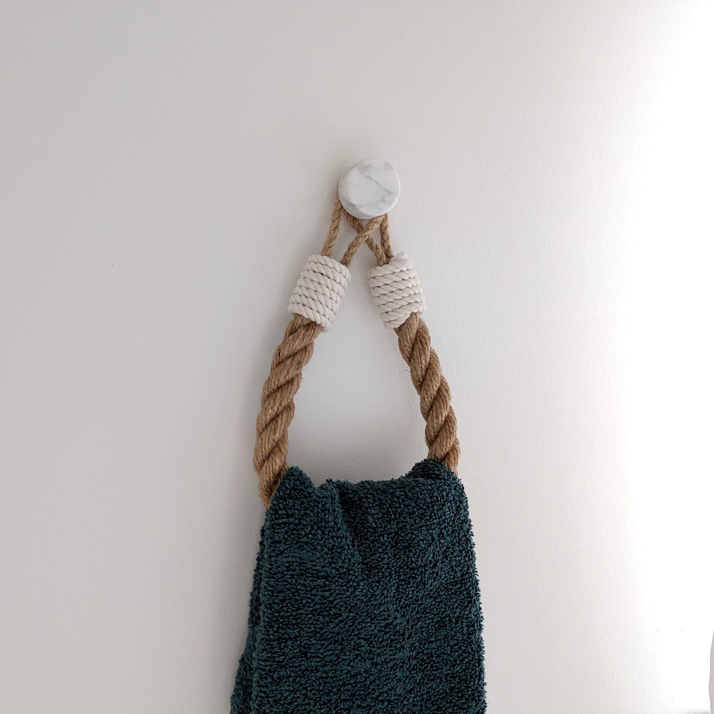 Jute Rope Towel Holder - White Cotton Wrap Wall Mounted Rustic Bathroom Decor