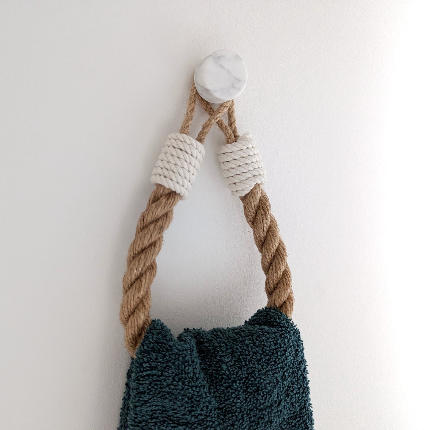 Jute Rope Towel Holder - White Cotton Wrap Wall Mounted Rustic Bathroom Decor