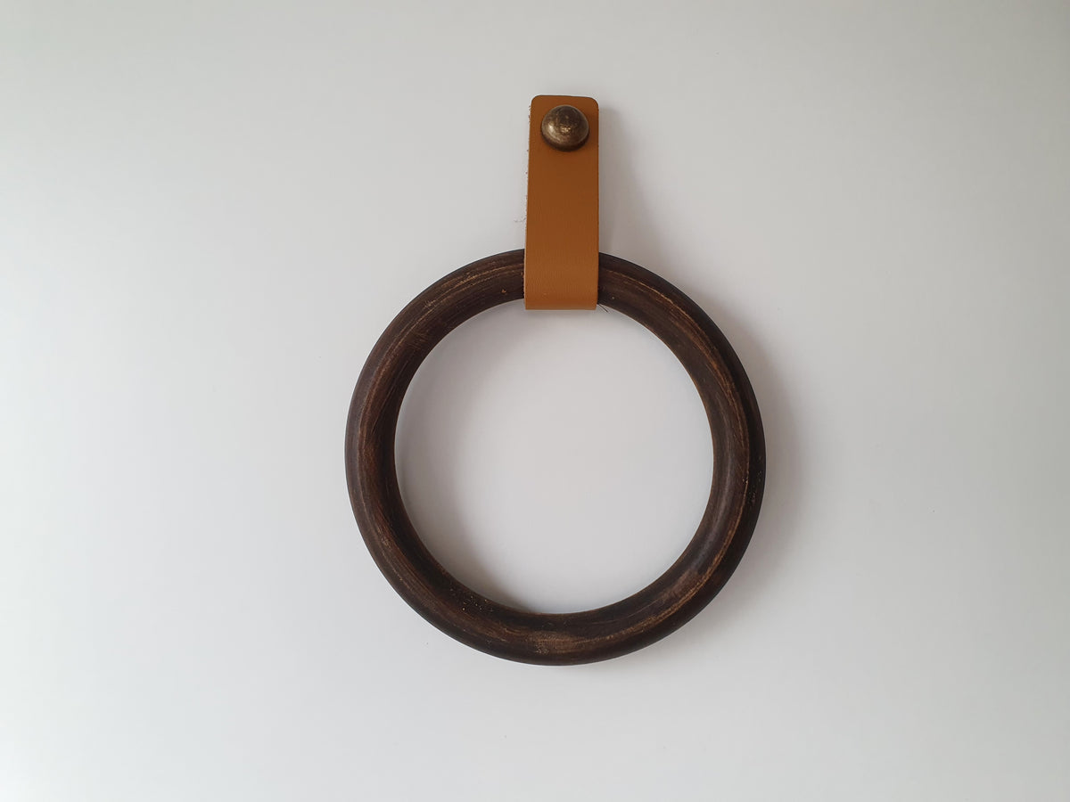 Wooden Towel Ring with Leather Strap | Handmade Bathroom Towel Holder