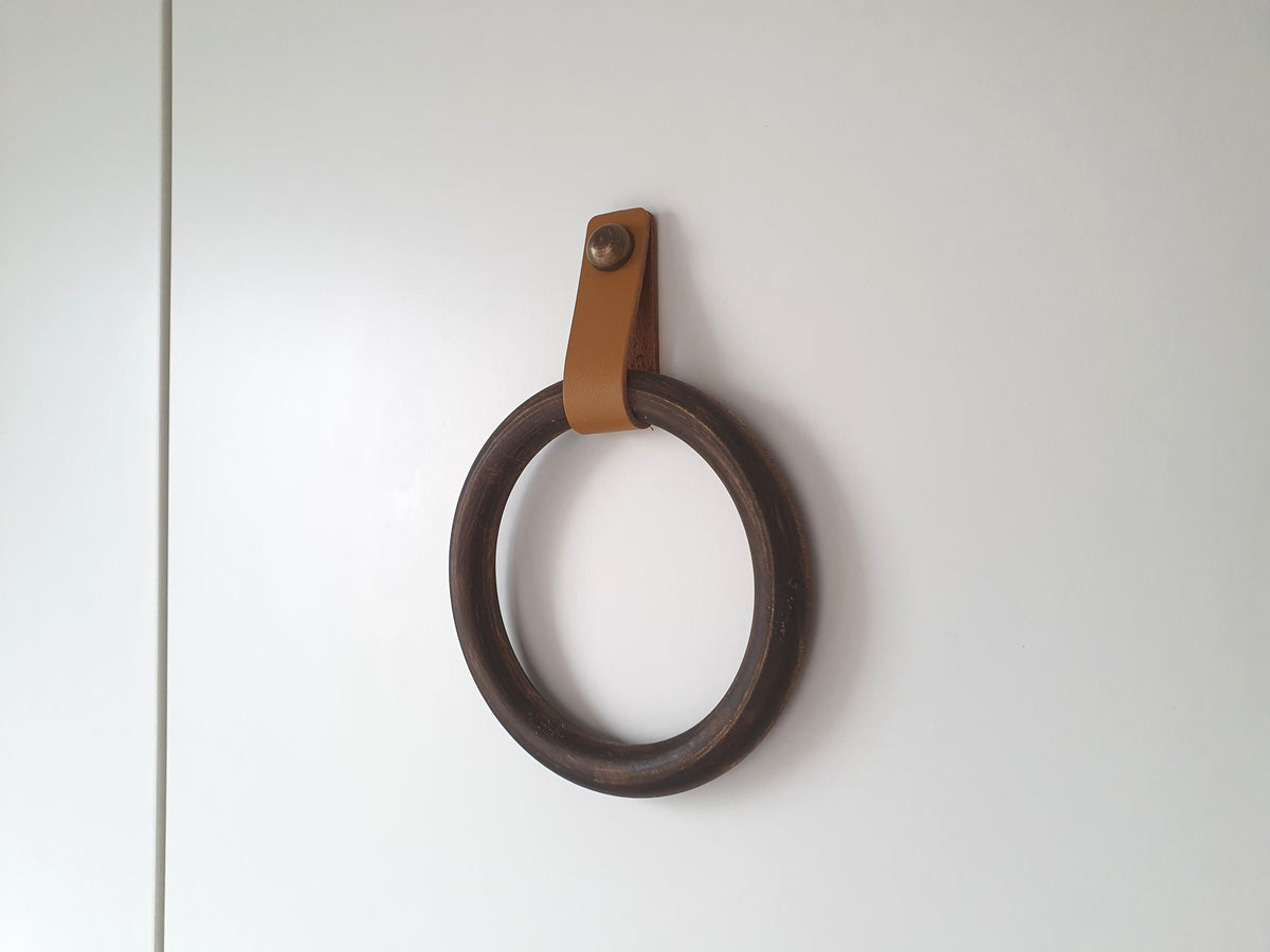 Wooden Towel Ring with Leather Strap | Handmade Bathroom Towel Holder