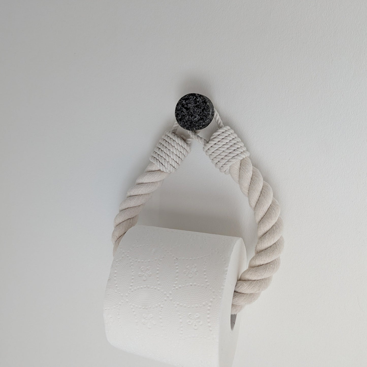 White Cotton Rope Toilet Paper Holder - Black Hook Wall Mounted Minimalist Bathroom Decor