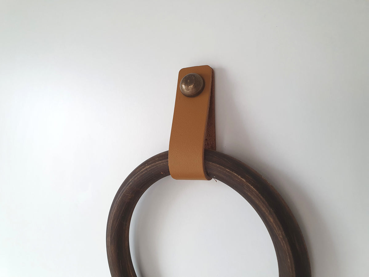 Wooden Towel Ring with Leather Strap | Handmade Bathroom Towel Holder