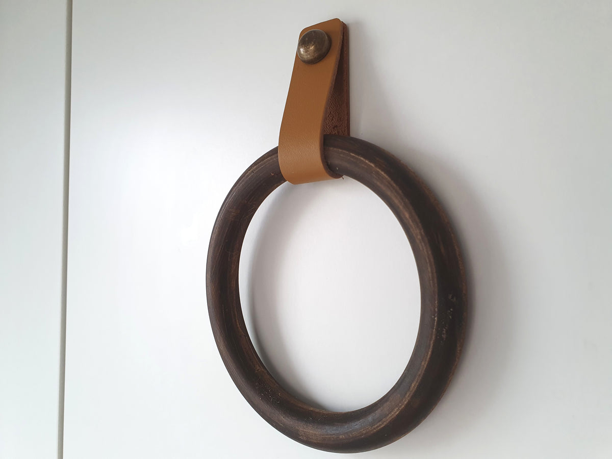 Wooden Towel Ring with Leather Strap | Handmade Bathroom Towel Holder