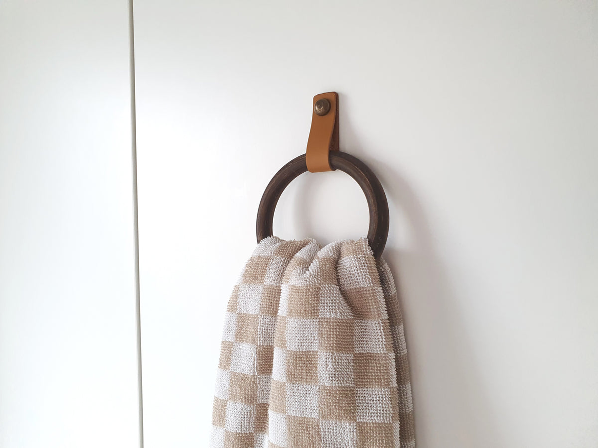 Wooden Towel Ring with Leather Strap | Handmade Bathroom Towel Holder