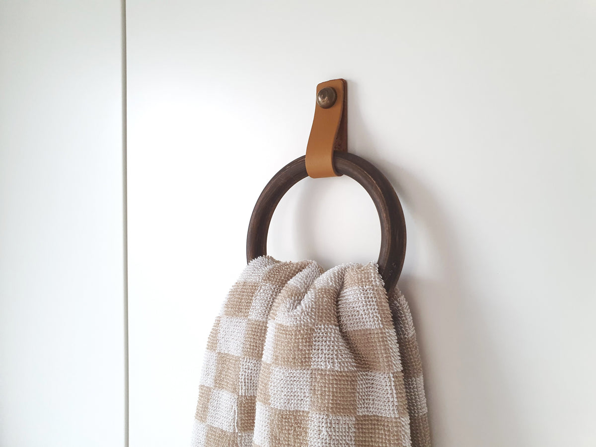 Wooden Towel Ring with Leather Strap | Handmade Bathroom Towel Holder
