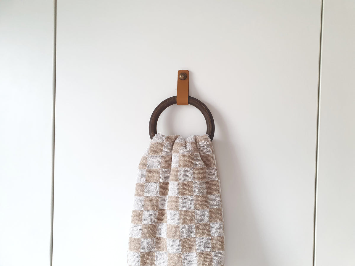 Wooden Towel Ring with Leather Strap | Handmade Bathroom Towel Holder