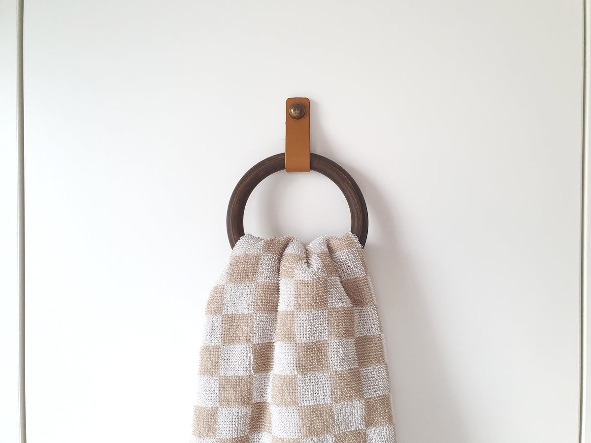 Wooden Towel Ring with Leather Strap | Handmade Bathroom Towel Holder