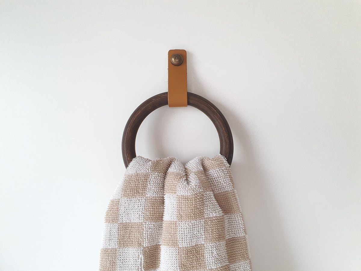 Wooden Towel Ring with Leather Strap | Handmade Bathroom Towel Holder