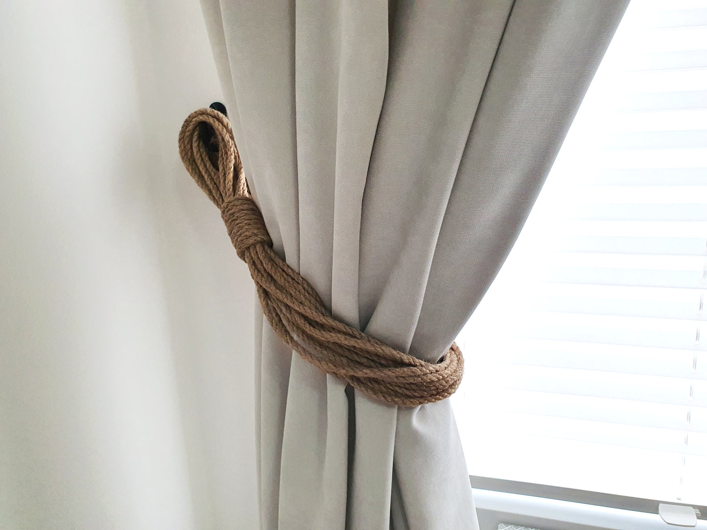 Braided Jute Rope Curtain Tieback - Natural Loop Knot Holdback Rustic Decor