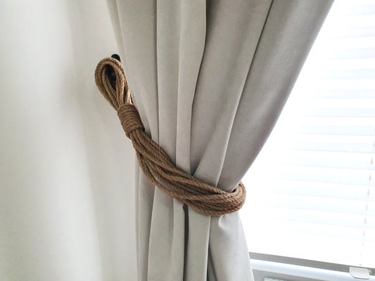 Braided Jute Rope Curtain Tieback - Natural Loop Knot Holdback Rustic Decor