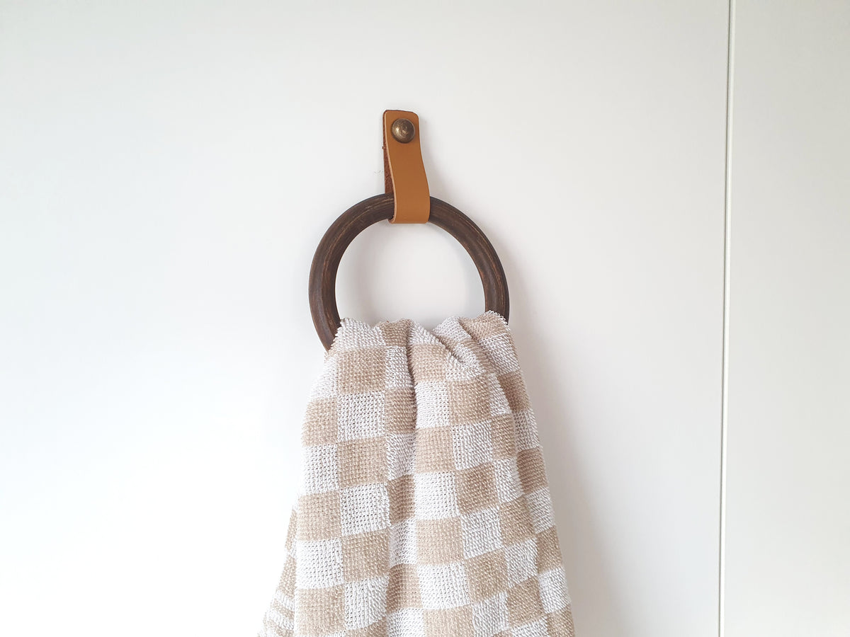 Wooden Towel Ring with Leather Strap | Handmade Bathroom Towel Holder