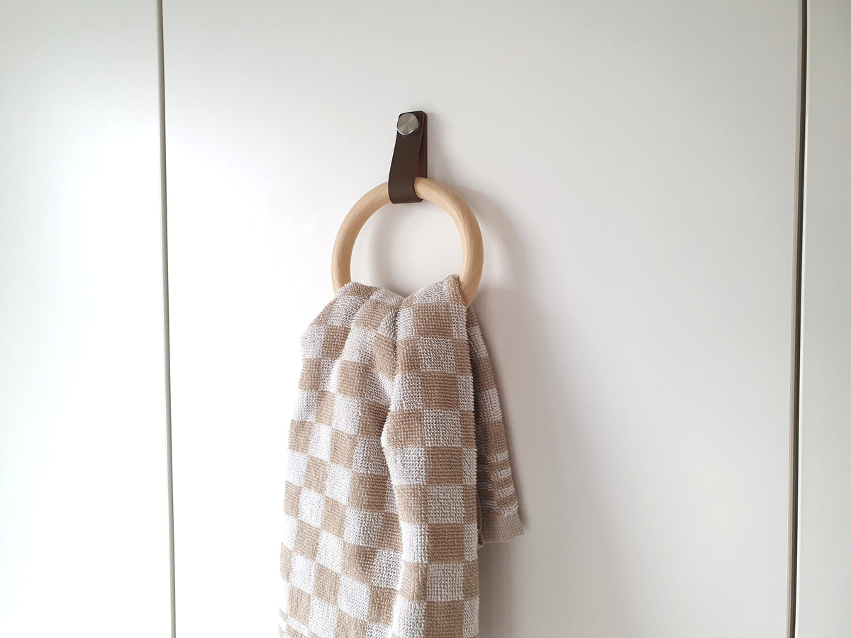 Handmade Wooden Towel Ring with Leather Strap | Rustic Bathroom Holder