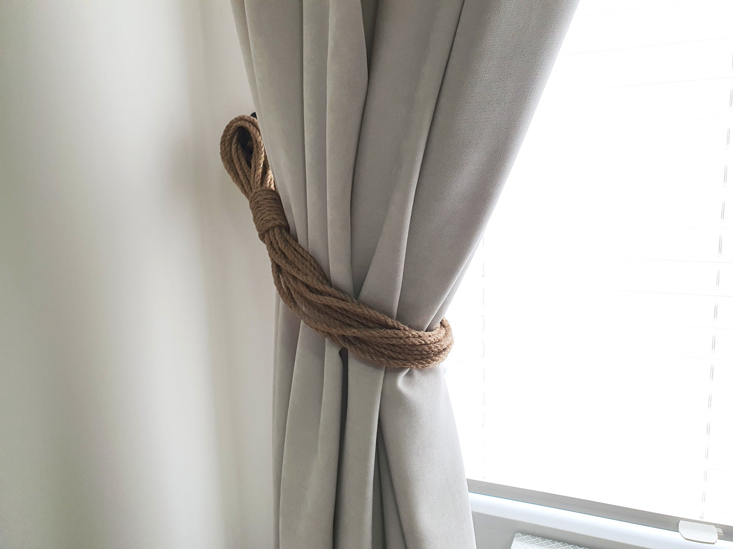 Braided Jute Rope Curtain Tieback - Natural Loop Knot Holdback Rustic Decor
