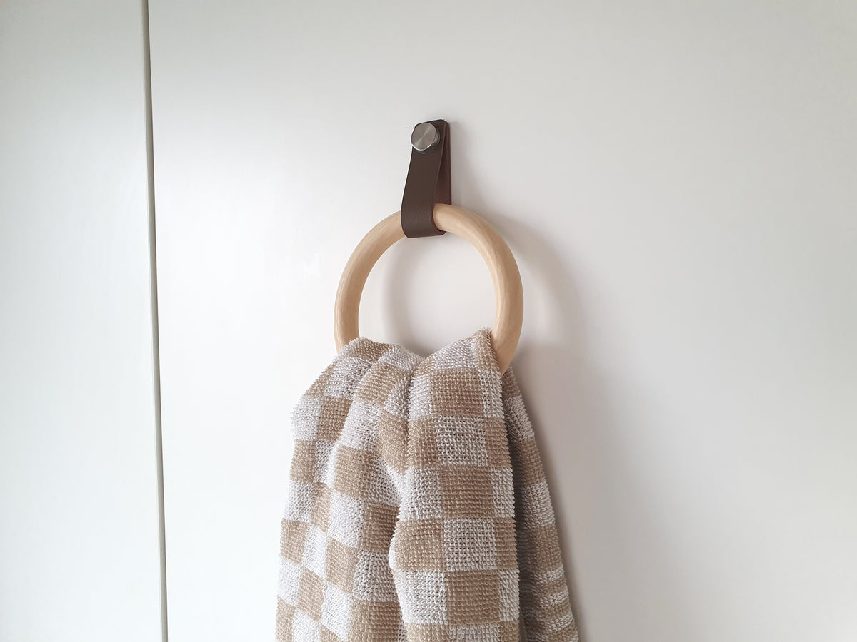 Handmade Wooden Towel Ring with Leather Strap | Rustic Bathroom Holder