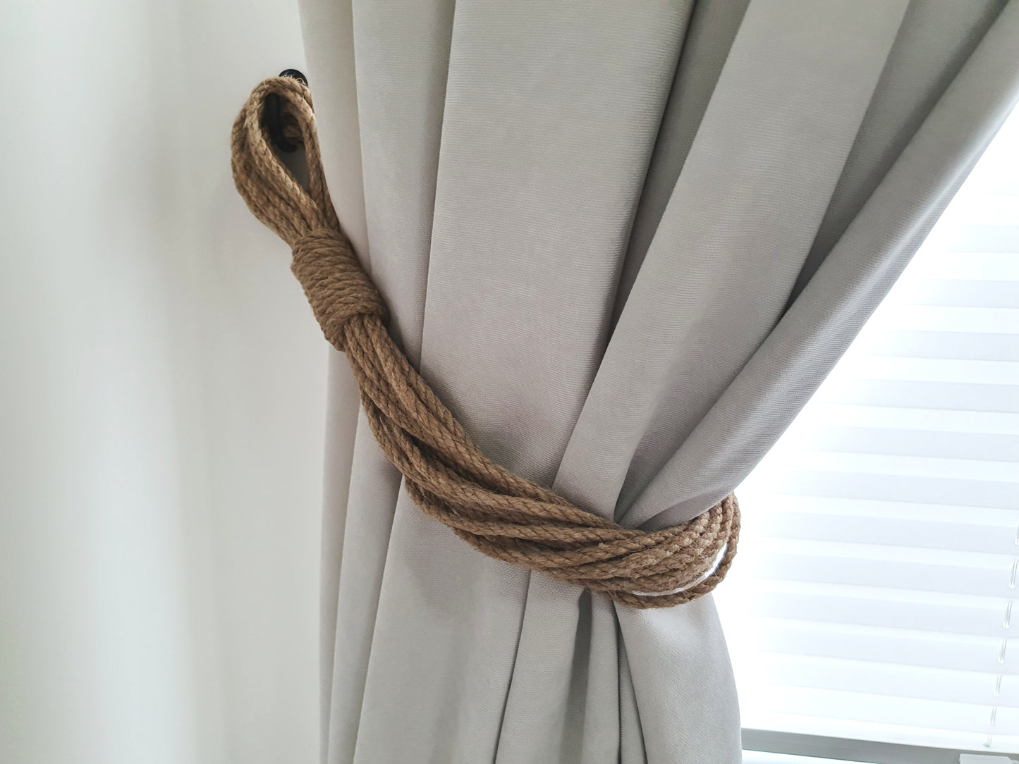 Braided Jute Rope Curtain Tieback - Natural Loop Knot Holdback Rustic Decor