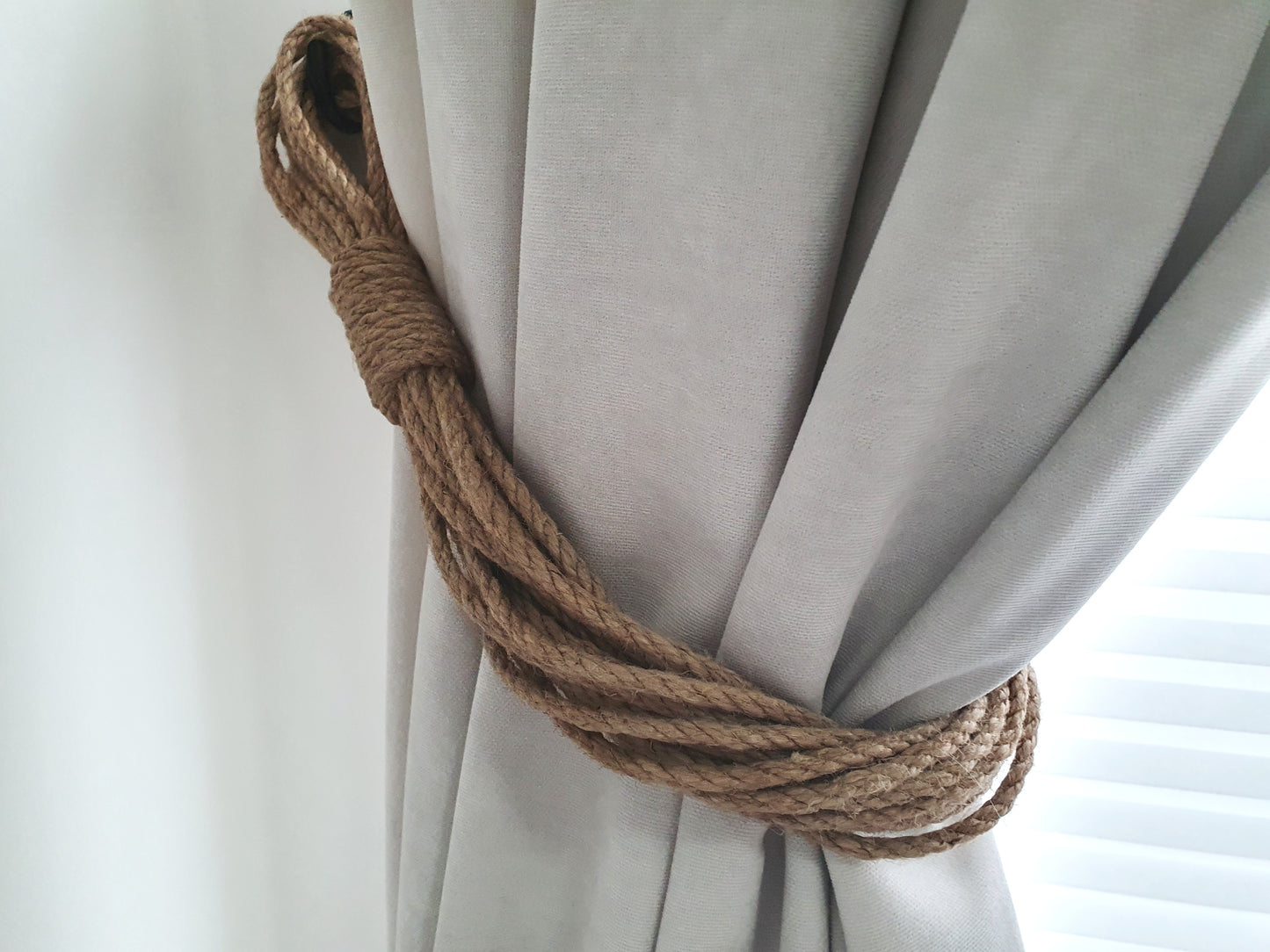 Braided Jute Rope Curtain Tieback - Natural Loop Knot Holdback Rustic Decor