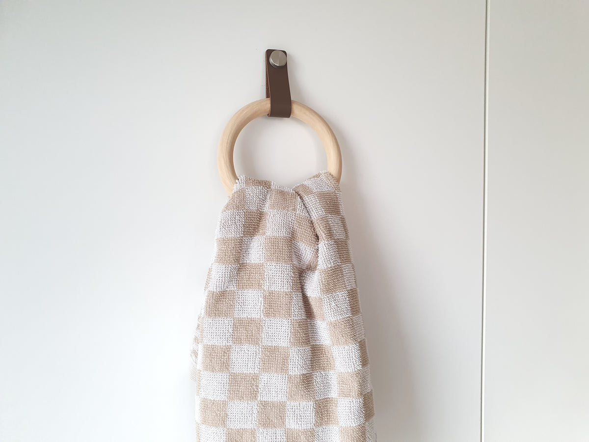 Handmade Wooden Towel Ring with Leather Strap | Rustic Bathroom Holder