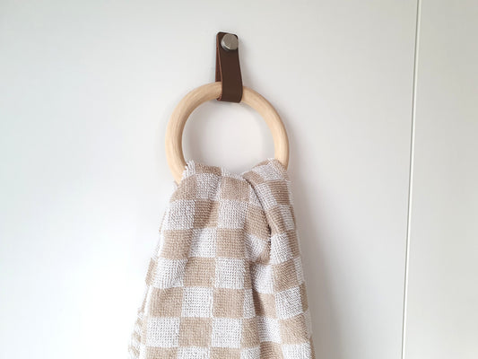Handmade Wooden Towel Ring with Leather Strap | Rustic Bathroom Holder
