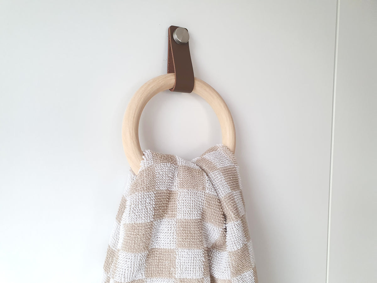 Handmade Wooden Towel Ring with Leather Strap | Rustic Bathroom Holder