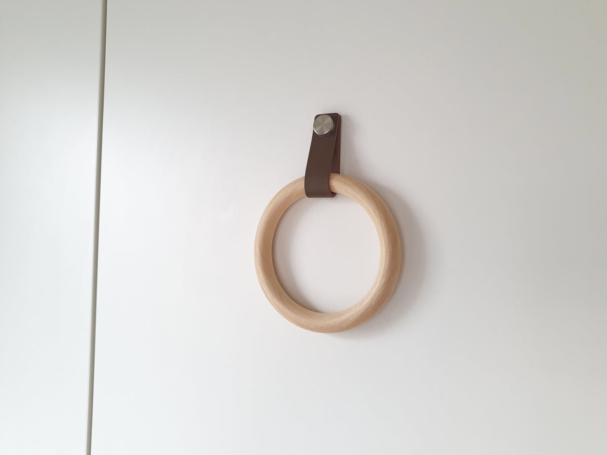 Handmade Wooden Towel Ring with Leather Strap | Rustic Bathroom Holder